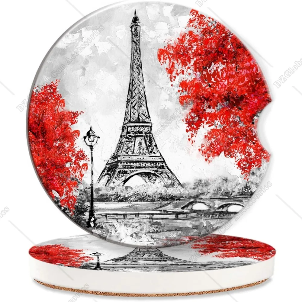 Retro Paris Car Cup Coaster 2 Pack Romantic Eiffel Tower Absorbent Ceramic Coaster Drink Car Cup Holders Interior Assecories