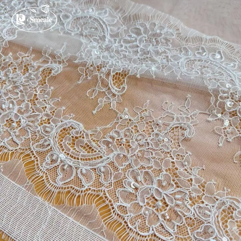 3 Meter/Stück. Hochwertiger weißer Perlenstickerei-Spitzenkopfschleier, Hochzeitskleid, Dekorationszubehör, handgemachte DIY-Nähzubehörteile. – Detail 7