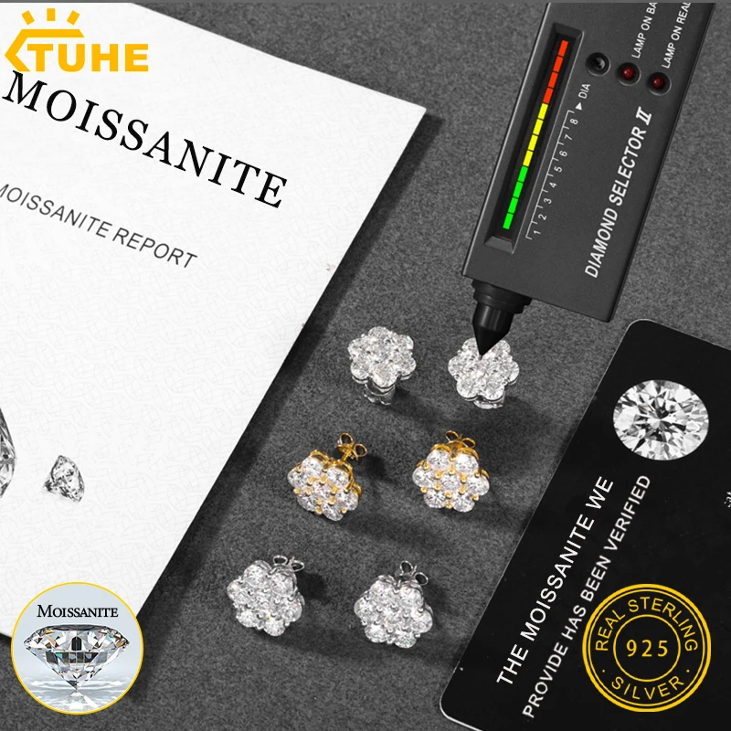 TUHE Fine Jewelry VVS1 Moissanite Earring Sterling Silver Flower Earrings For Women Men Hip Hop Jewelry Gift
