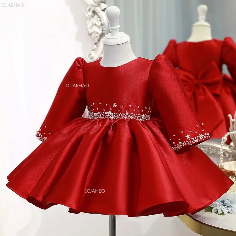 Kids Red Princess Dress Children Birthday 1st Year Gown Performance Formal DressesPiano for Host Pageant Celebration Ceremony