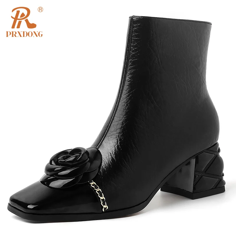 PRXDONG Women Boots 2024 New Fashion Qulaity Leather Med Heels Square Toe Black Gold Dress Party Work Lady Ankle Boots Shoes 39