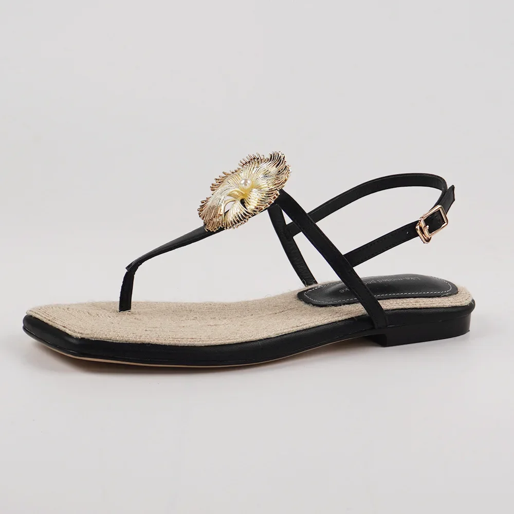 Zomermode Retro Chic Fee Stijl Bloem Handgemaakte Strogeweven Sandalen Vierkante Neus Flip-flips Lederen Flats Damesschoenen