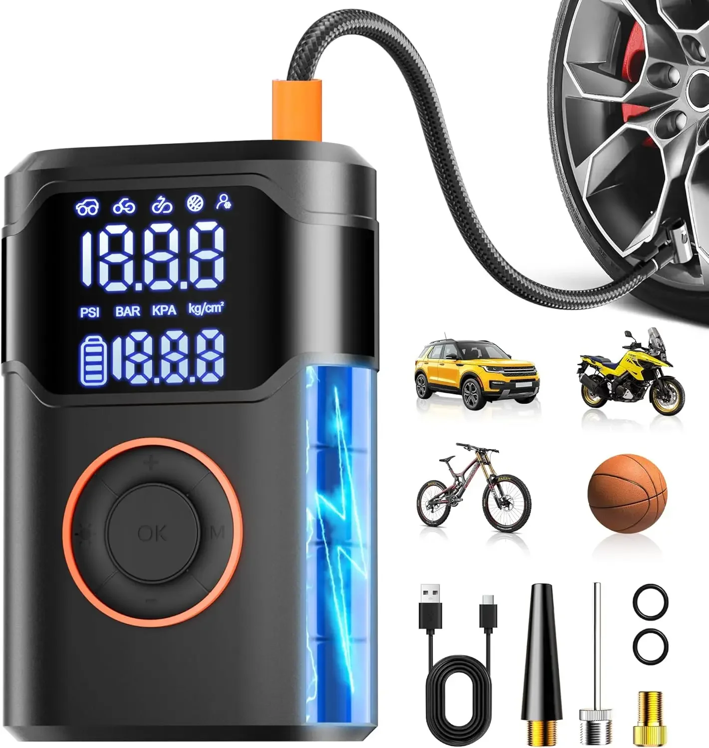 

Portable Tire Inflator 150PSI Air Compressor, 5X Faster with Digital Gauge, Auto-Off & LED Light for Car, Motorcycle, Bike, Ball
