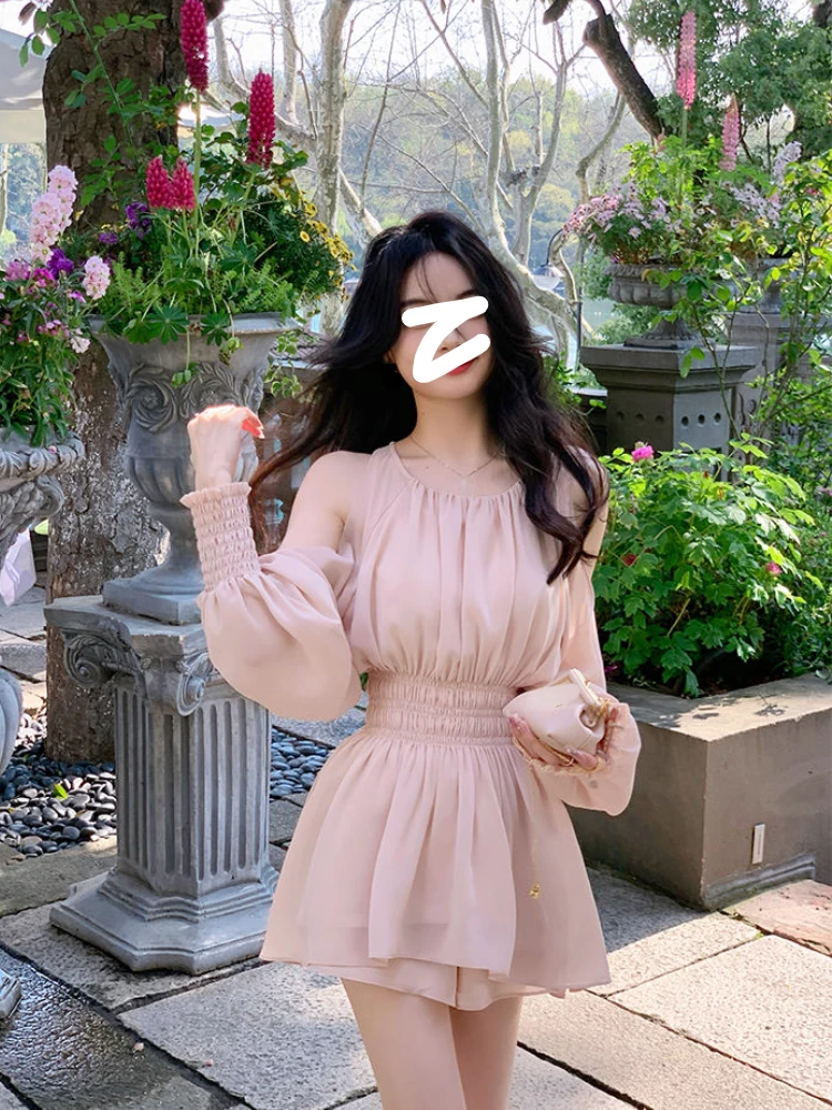 2023 Summer Pink Sweet 2 pezzi Dress Set donna manica lunga Retro camicetta + Y2k minigonna Office Lady coreano Fashion Suit Chiffon