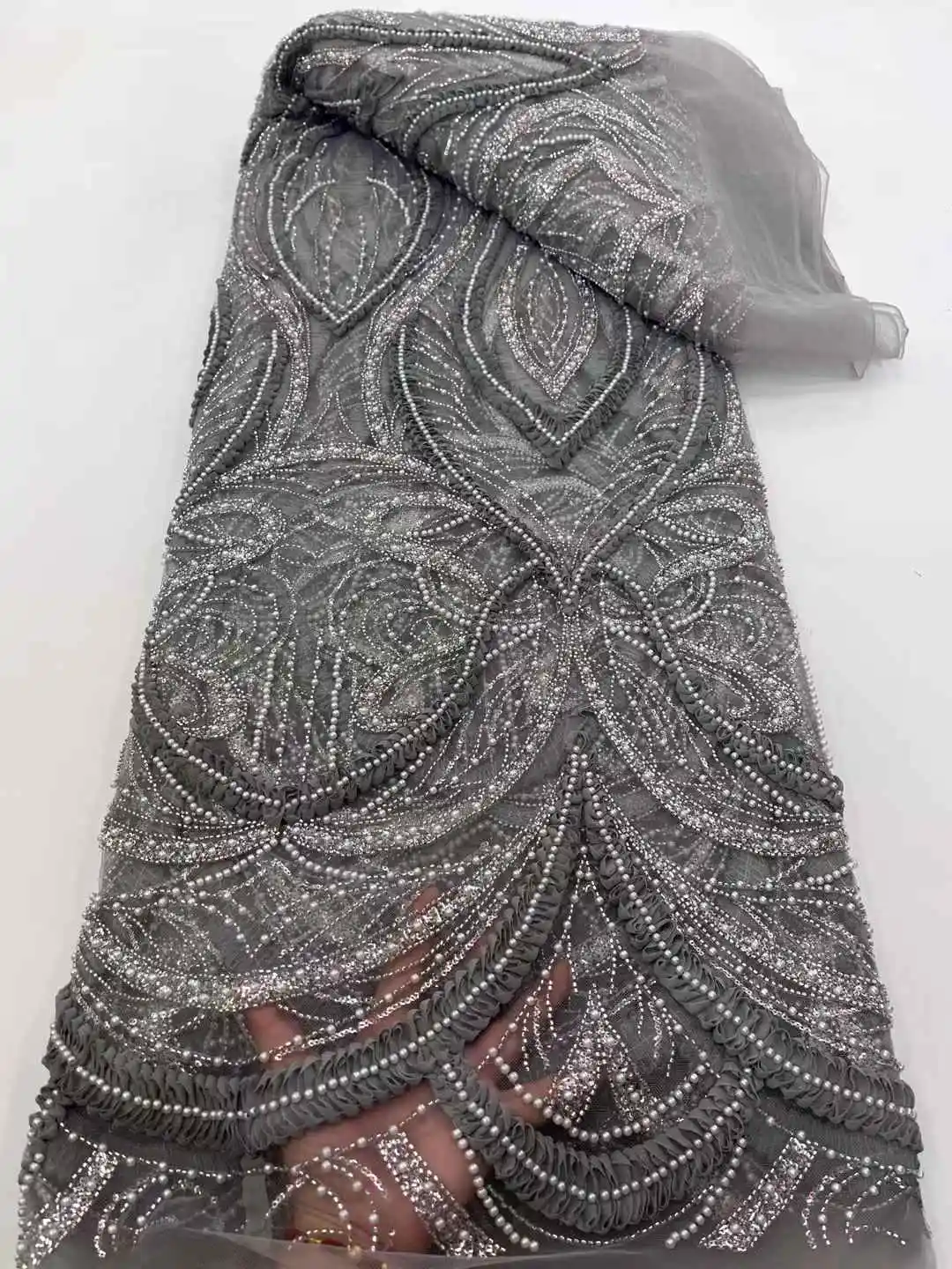 Lujoso y elegante encaje con cuentas africanas tela de encaje de lentejuelas de novia francesa 2025 vestido de fiesta de boda de tul Helia de alta calidad