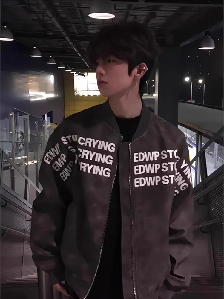

Retro American ort Printed Jaet Men's Spring Autumn High Street Trendy Design Baseball orm Loose Fit Warm Thiened