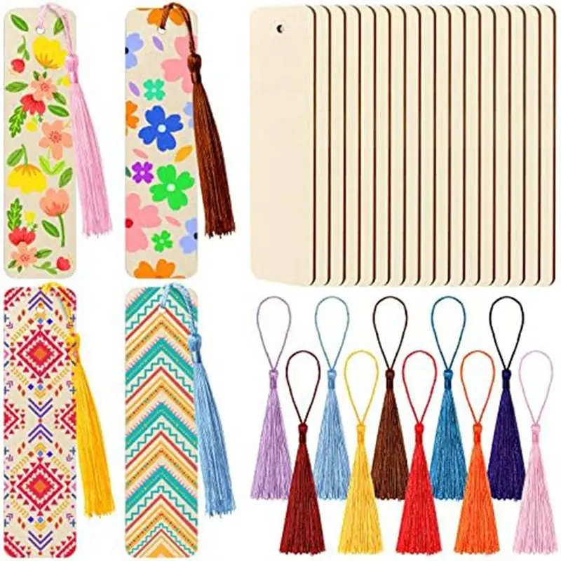 NOCM 100Pieces Unfinished Wood Bookmark with Colorful Tassels 4.8 x 1.3 Inch Wooden Bookmark Wooden for DIY Projects Christma