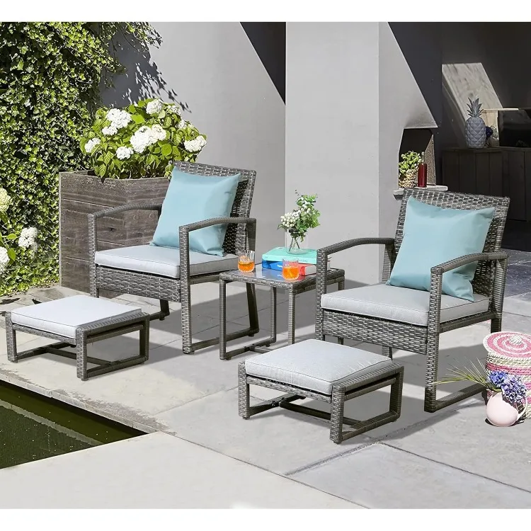 

5 Piece Outdoor Patio Wicker Furniture Set, All Weather PE Rattan Chair and Ottoman Footstool Set, W/Coffee Table, Cushions