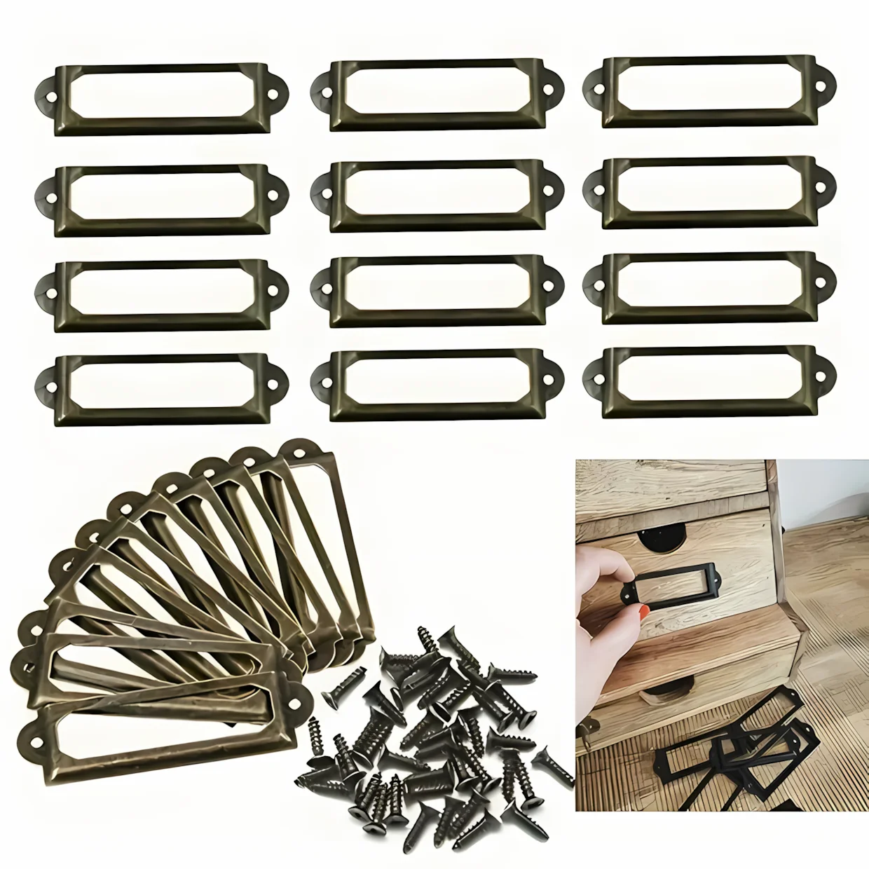 12pcs Antique Brass Iron Drawer Cabinet Label Pull Frame Handle Card Holder Furniture Hardware For Cabinet Drawer Box Case