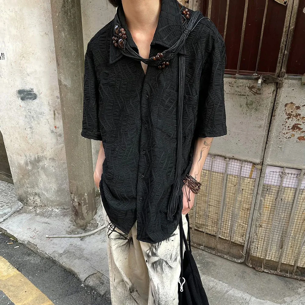 Fashion Streetwear Retro Pleated Short Sleeve Shirt Summer New Cuban Collar Jacquard Shirts Top LGBT Solid Unisex Button Blouse