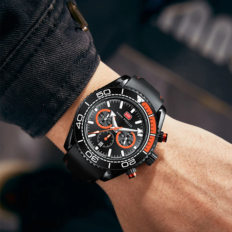 Mini foco mf0426g moda esportes relógio na moda preto pulseira de silicone cronógrafo 30m à prova dwaterproof água relógios de pulso de quartzo masculino