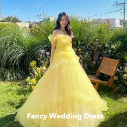 Fancy Fairy Yellow Off Shoulder Wedding Dresses Korea Photo shoot A Line Tulle Bridal Gown Back Corset customized