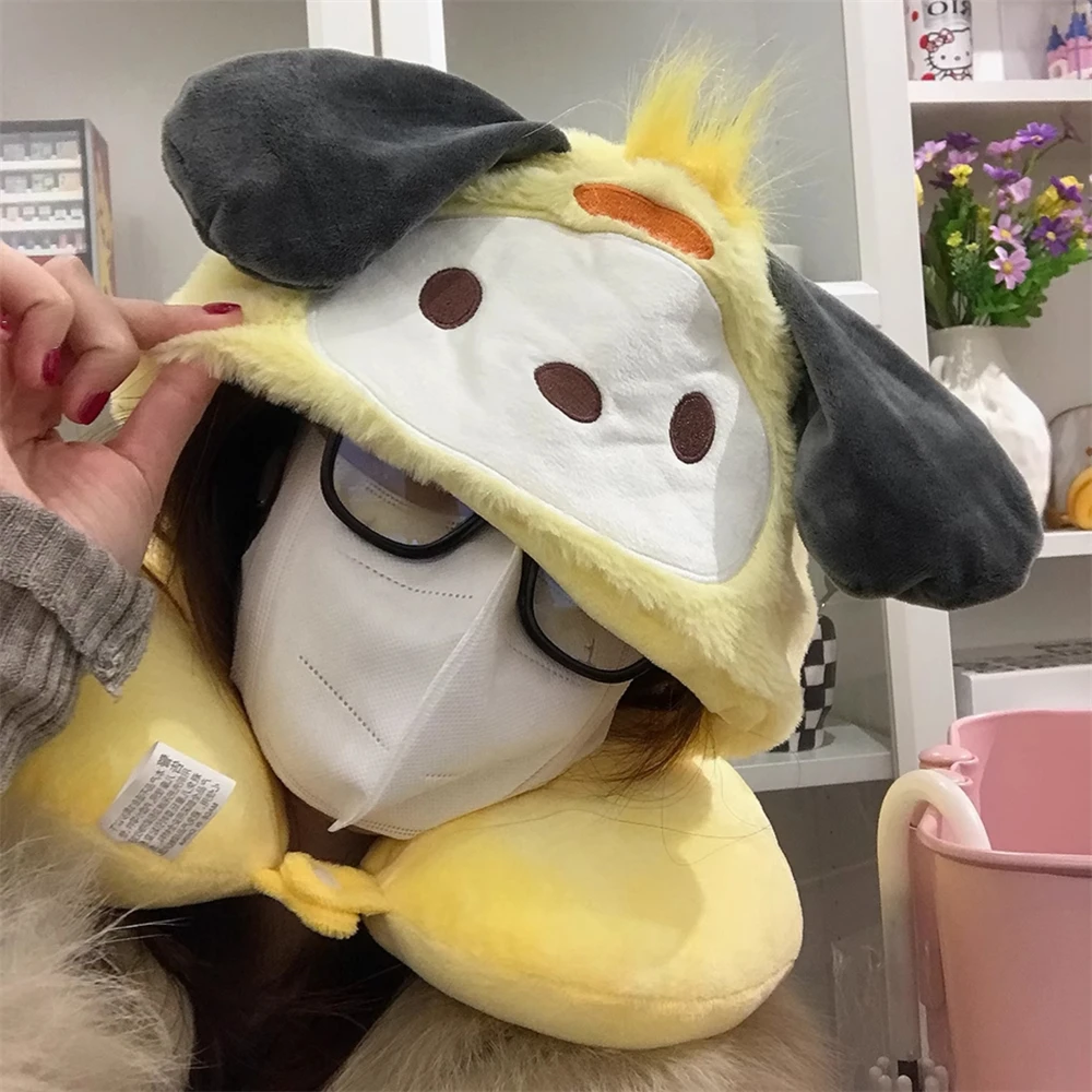 Lovely Sanrio Plush U-shaped Neck Pillow With Hat Kuromi My Melody Pochacco Cinnamoroll Hello Kitty Travel Pillow Hooded Gift