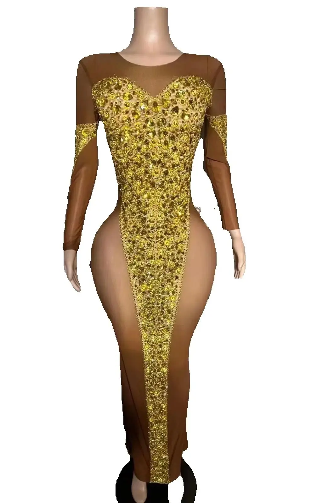 

ZD Golden Shiny Rhinestones Sexy See Through Brown Mesh Evening Dresses Evening Gown Dress Elegant