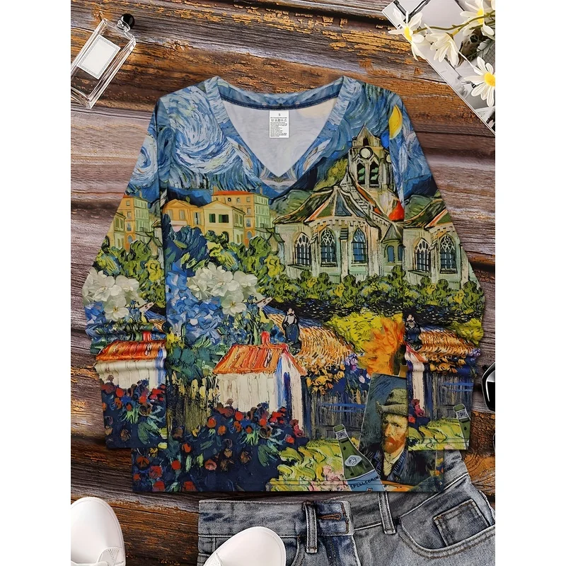 Women Plus Size V Neck Long Sleeve Tee Shirt Botanical Urban Architecture Print Casual Fall Winter Top Machine Washable Layering