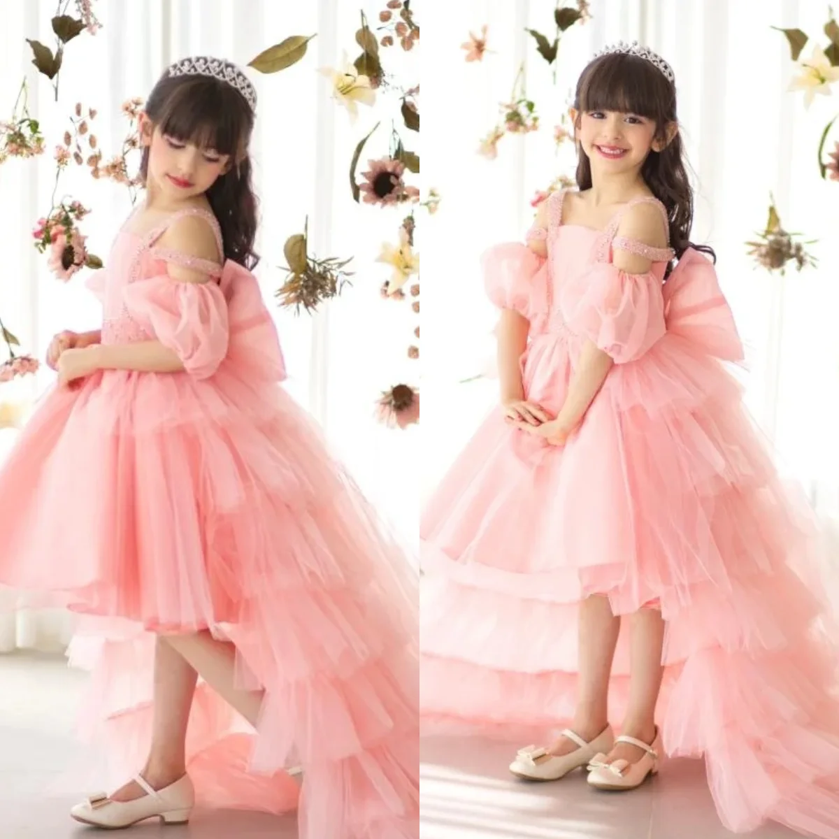 ピンク高低フラワーガールドレスカスタマイズされた弓バック女の赤ちゃんの幼児の誕生日ドレスページェントプリンセスパーティードレス