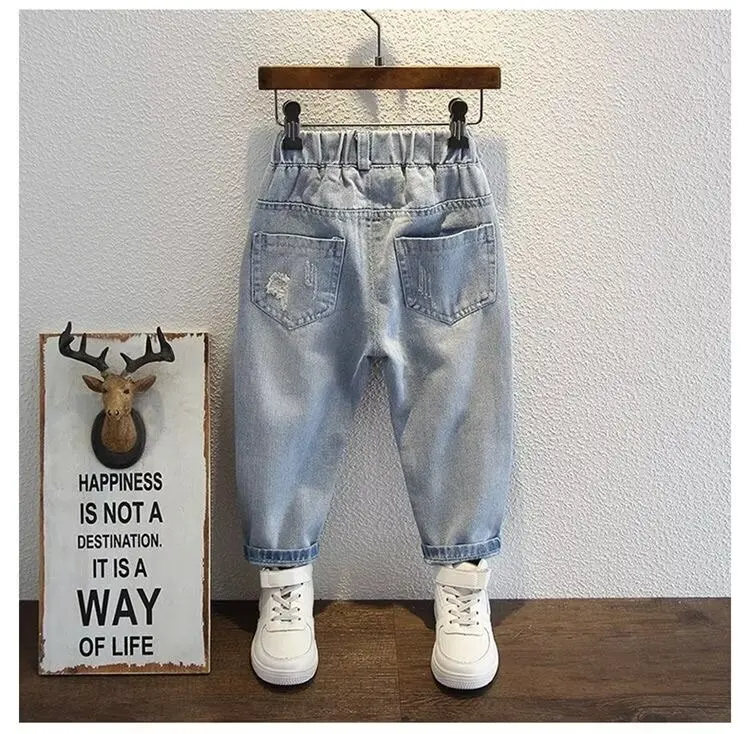 Children Ripped Jeans Spring Autumn Boys Girls Denim Jeans Korean Fashion Kids Trousers Toddler Casual Loose Pants 2024