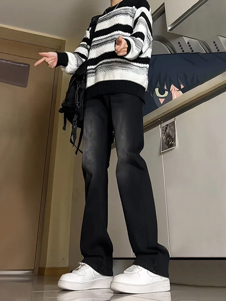 

Retro American Bla Denim Jeans Men's Autumn Winter Straight Leg Micro Flared Pants Youthful Wear Resistant Stretchy Loose Fit