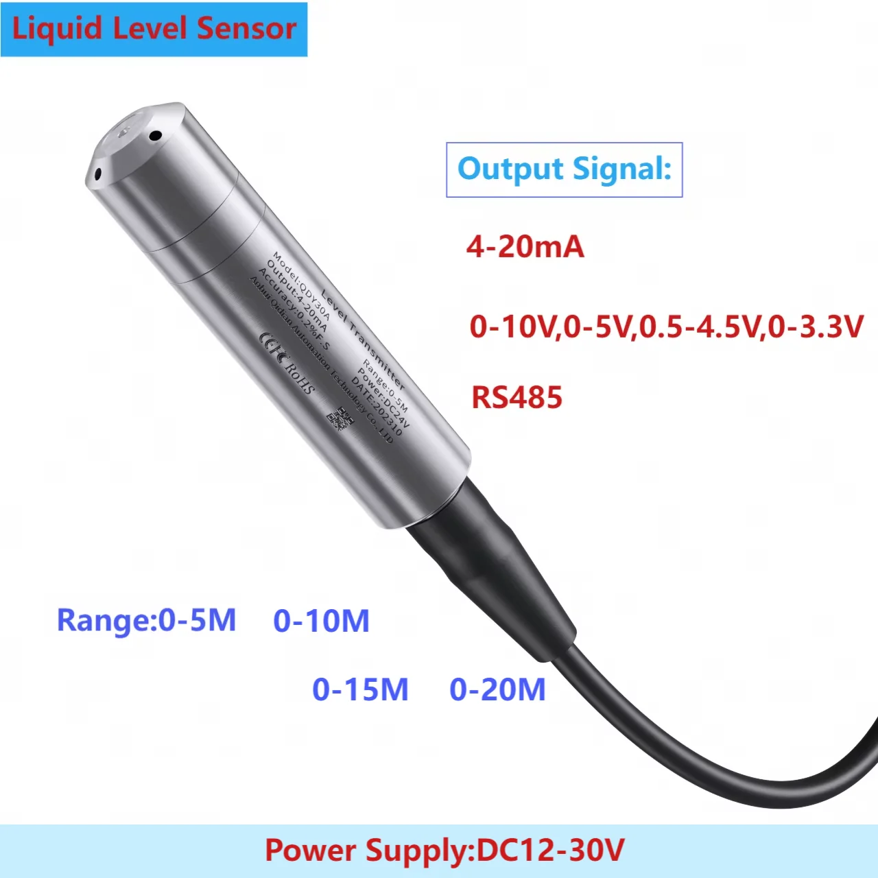 0-20M to 4-20mA 0-10V RS485 0-3.3V Submersible Liquid Level Transmitter 304SS DC12-30V Power Supply Water Level Sensor