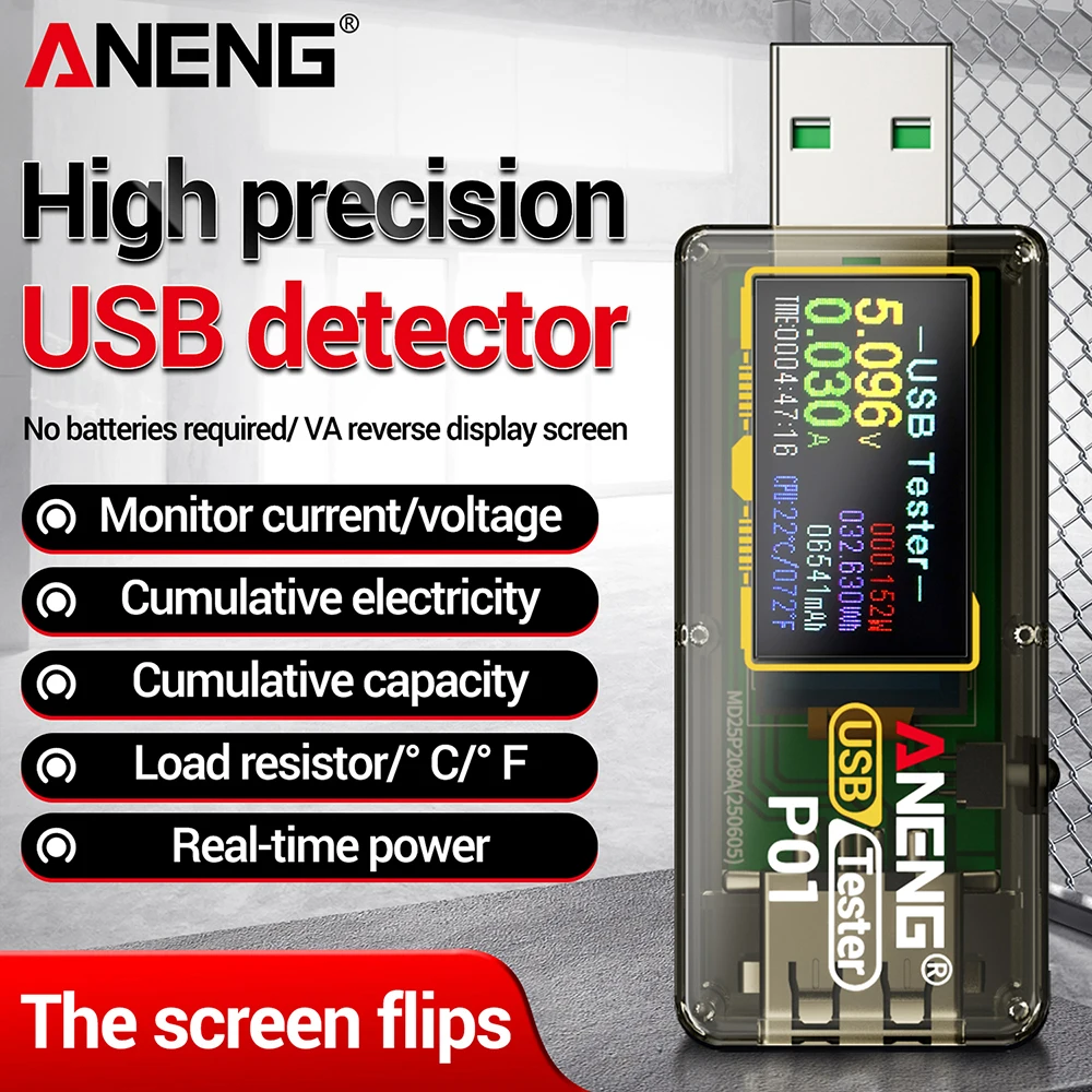 ANENG P01 Mini Digital Voltmeter Power-off Memory Function DC4-30V High-precision USB Tester Voltage Current Capacity Tester