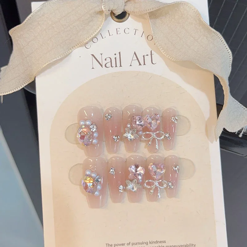 10pcs ורוד מתוק עבודת יד, ציפורניים מזויפות עם 3D פנינה פנינה קסם מלא בלט עיתונות על מסמרים ארוכים