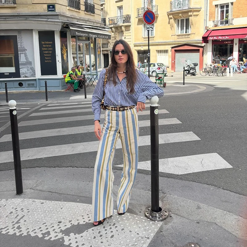 Casual Stripe Contrast Women's Pants Loose Zipper Button Pocket Wide Leg Female Pant 2026 Spring Summer Lady All-match Trousers