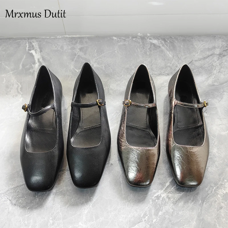 Mrxmus 2024 New Spring Summer Women Fashion Genuine Leather Square Head Shallow Flat Shoes Solid Simple Versatile Shoes Female