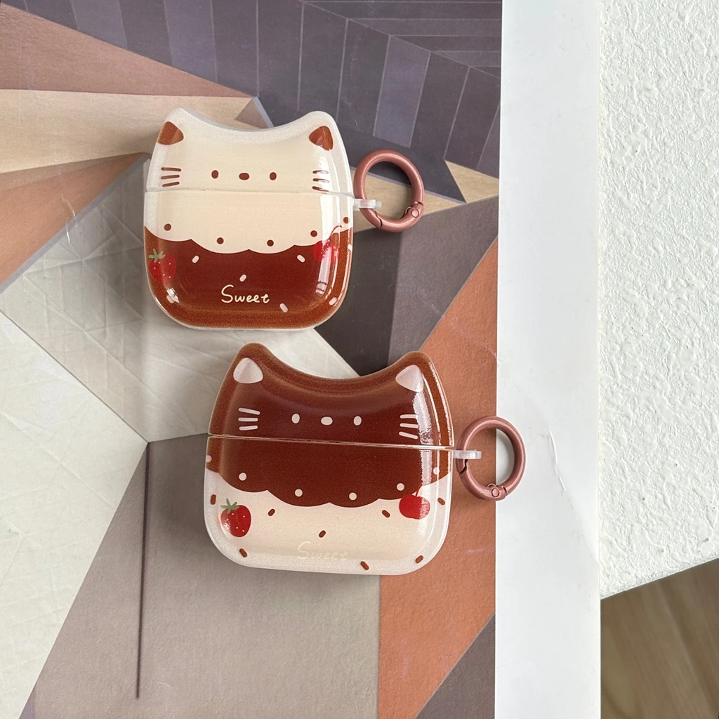 Cute Cartoon Stereoscopic Cat Ears Strawberry Graffiti With Hook Earphone Cover Case for AirPods 1 or 2 3 4 5 Pro 2 Pro 3