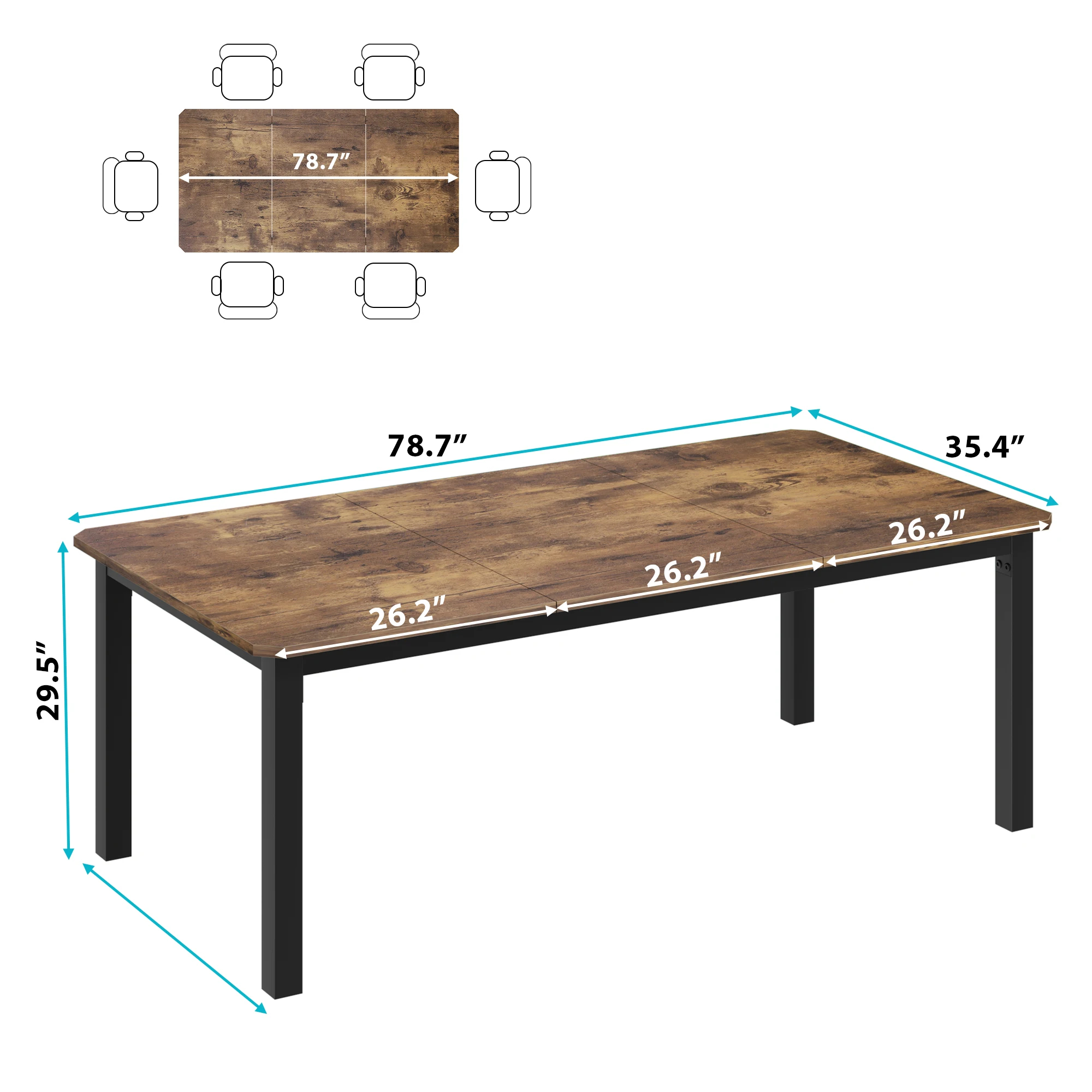 Mesa de jantar para 6 a 8 pessoas, mesa de jantar de cozinha longa de 78 polegadas, mesa de jantar retangular com cantos cortados para sala de estar