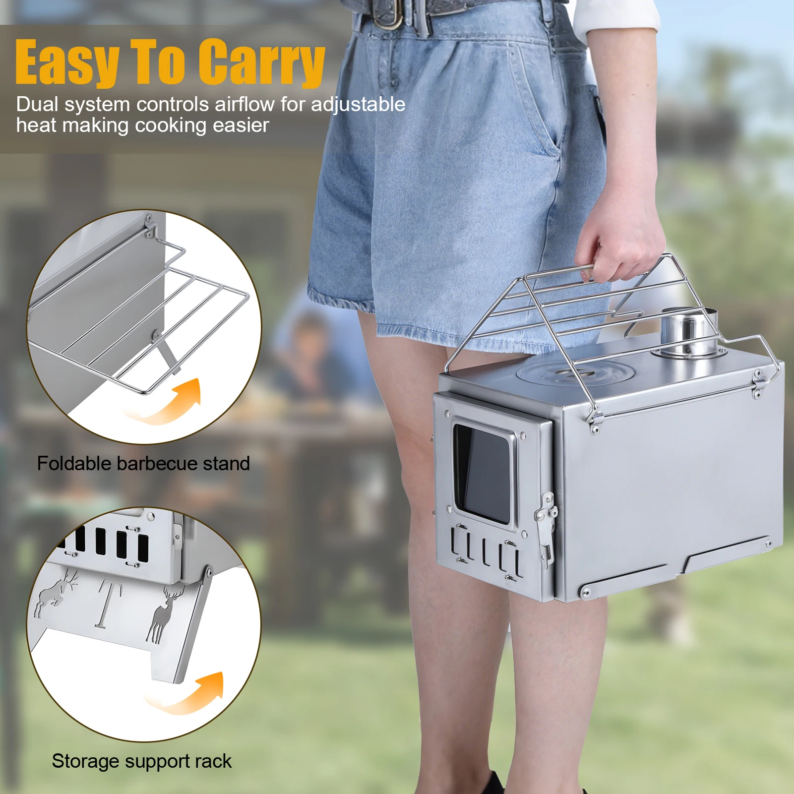 

Large Firebox Stainless Steel Tent Stove, Wood Burning Heating Cooking Stove with 5 Pipes Visible Window for Camping Ice Fishing