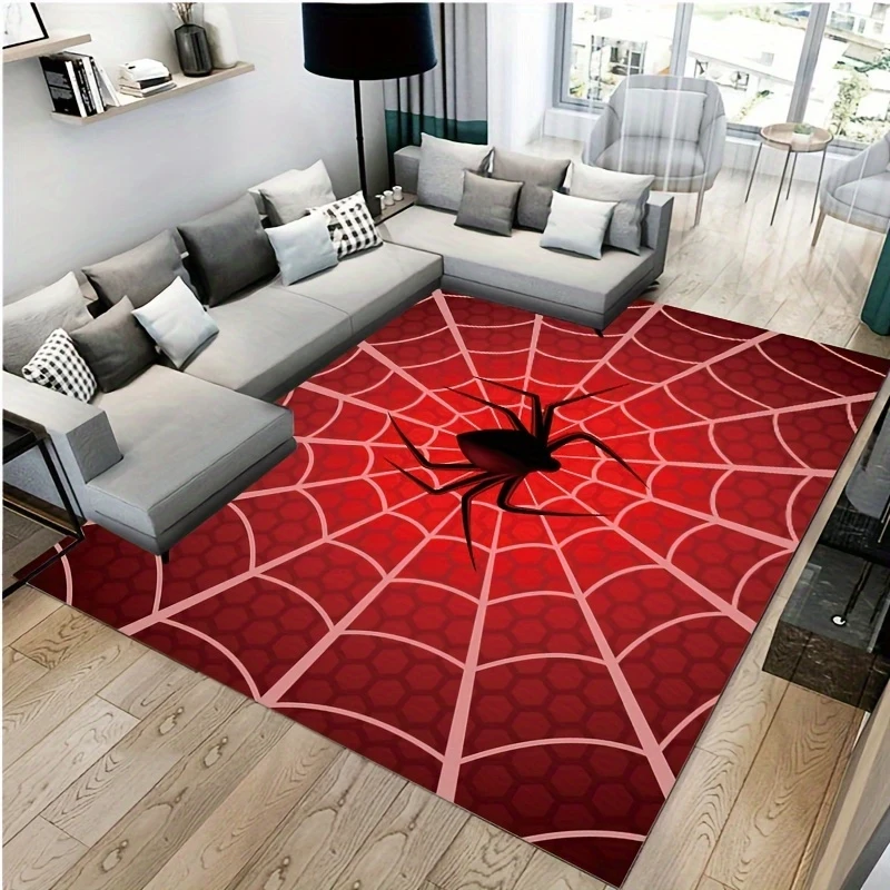 VIKAMA Red Spider Web Black Spider Large Area Rug Halloween Horror Superhero Themed Non Slip Floor Mat for Living Room Boys Rug