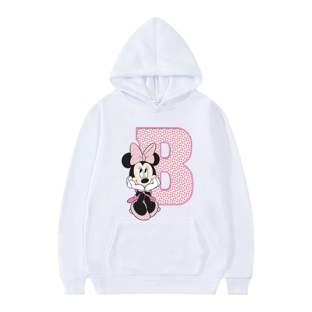 Sudaderas con capucha de dibujos animados blancos para mujer y hombre, sudaderas con letras de Disney A, B, C, D, ropa Kawaii, jersey de dibujos animados de Anime, Tops Casuales