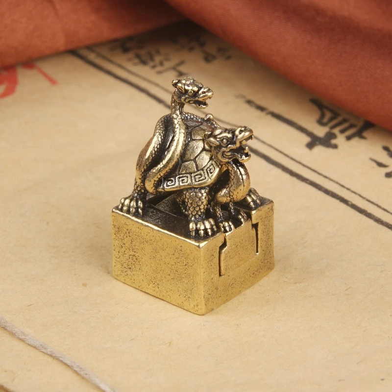 Antique Bronze Dragon Turtle Snake Seal Statue Chinese Mythical Animal Xuan Wu Ornaments Copper Figurines Desk Decorations Craft