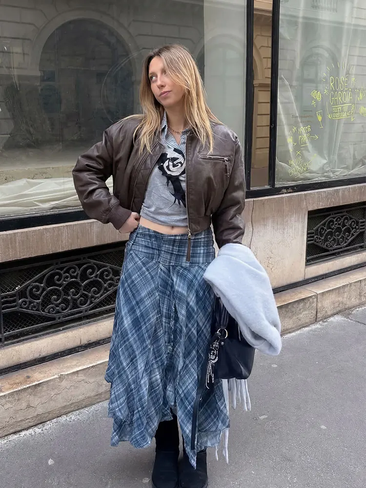 Women's Blue Plaid Pleated Skirt Asymmetrical Hem High Waist A-Line Long Skirt for Women 2026 Spring Summer Y2K Trend