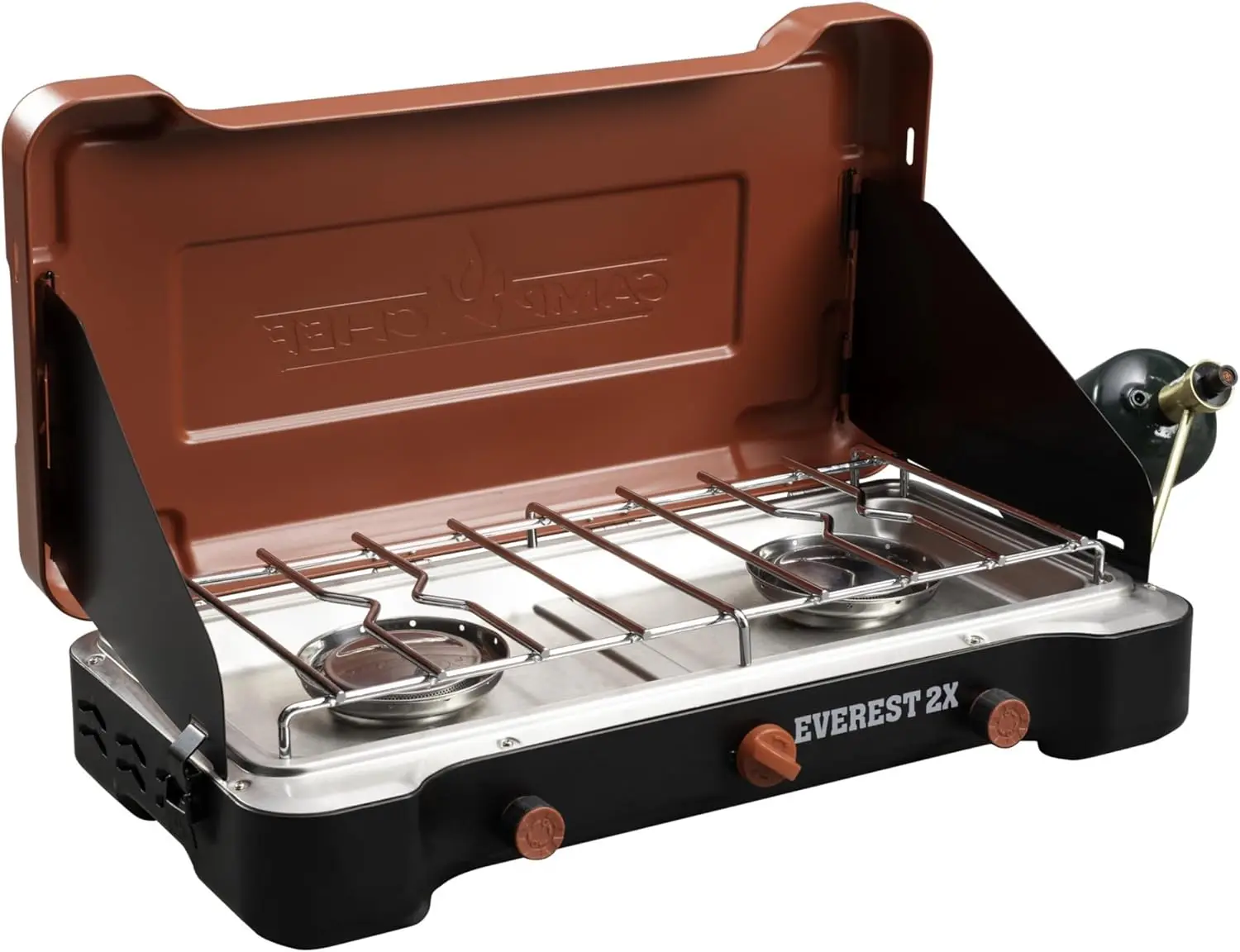 

Chef Mountain Series Everest 2X High Output Two-Burner Camp Stove Lid Doubles as Windscreen Portable Cooking Stove