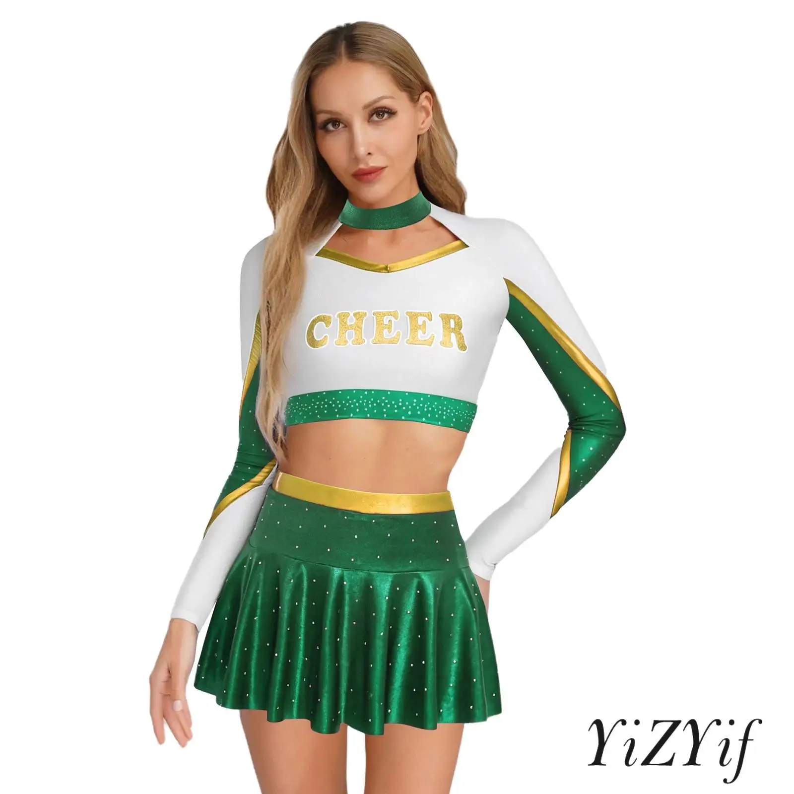 

Women Long-Sleeve Crop Top with Mini Skirt Set Stretchy Polyester Blend for Night Out Cheerleading Costume Bold Fashion Look