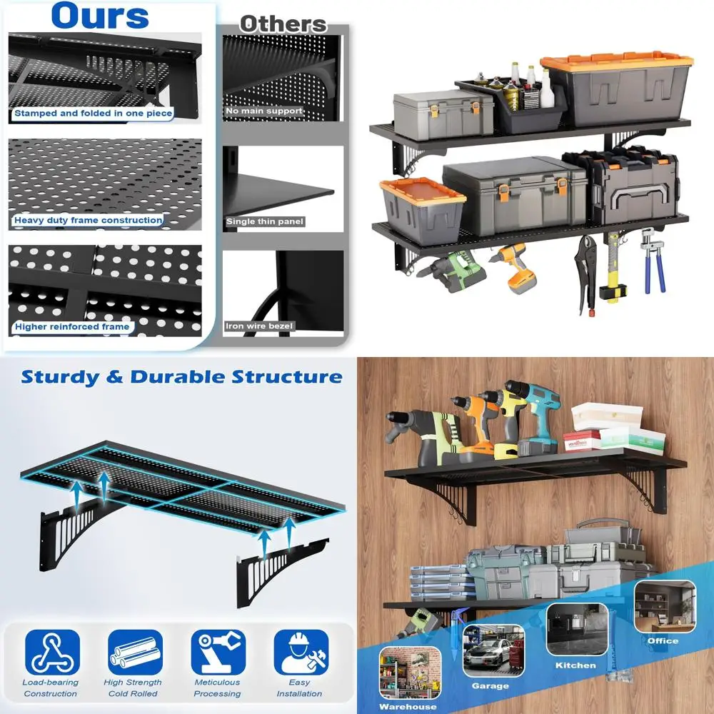 

2-Pack 1.64x4ft Heavy-Duty Garage Shelving with 500lbs Load Capacity and 6 Hooks for Wall Mounted Storage Organization