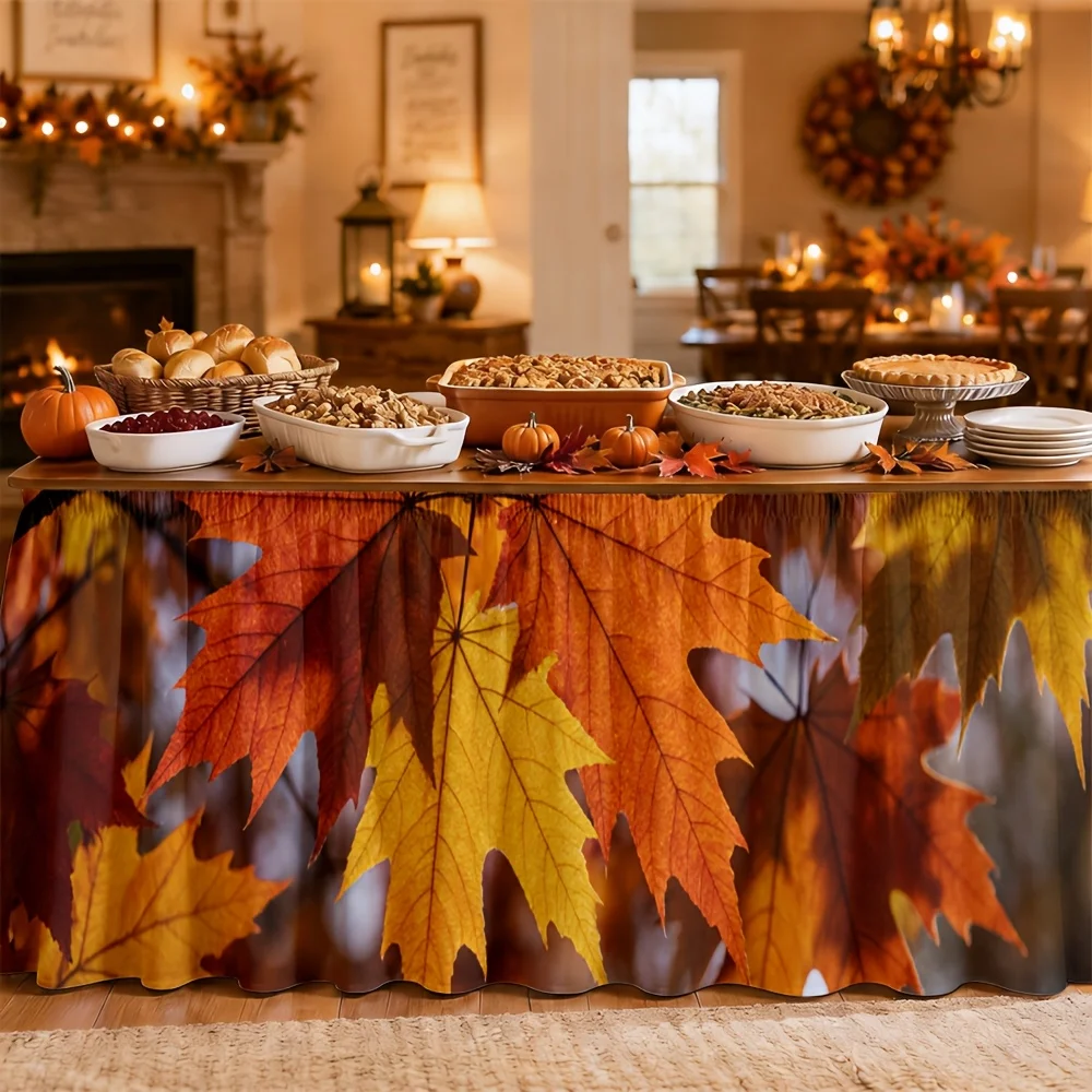 Table skirt with autumn leaf pattern, warm tones, natural style, suitable for autumn use.zyc