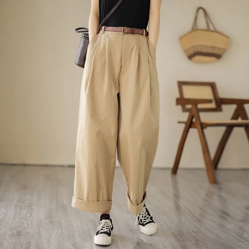 

2024 Spring New Korea Fashion Women High Waist All-matched Casual Wide Leg Pants Solid Cotton Loose Ankle-length Pants P590