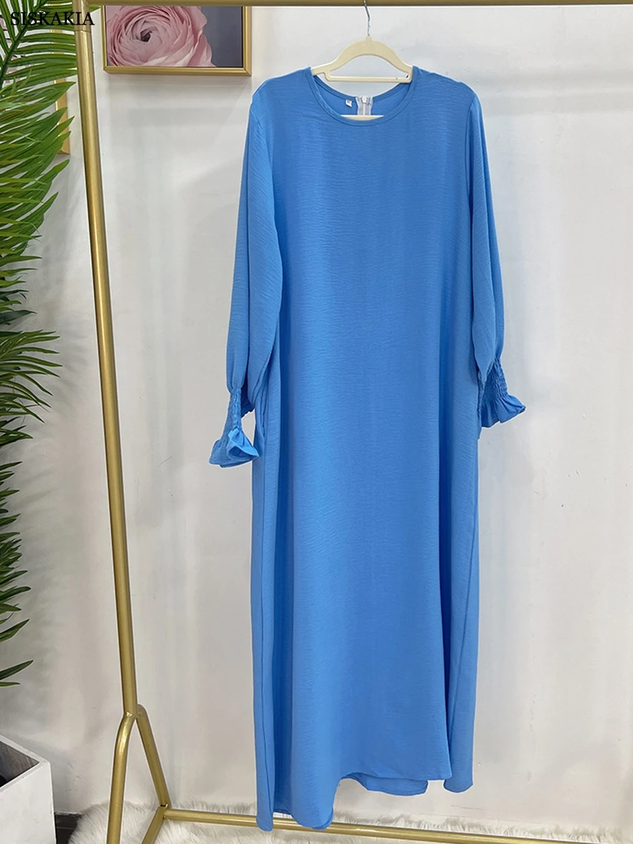 Siskakia Dubai Saudi Casual Solid Modest Abaya Morocan Turkish Lantern Sleeve O-Neck Daily Clothing Muslim Gulf Under Dress