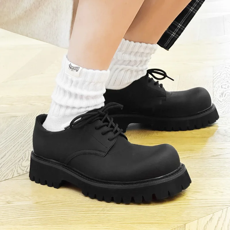 Chunk Heel Black Derby Shoes for Man and Woman Platform Leather Casual Shoes Round Toe Lace Up Unisex Footwear Zapatos Hombre