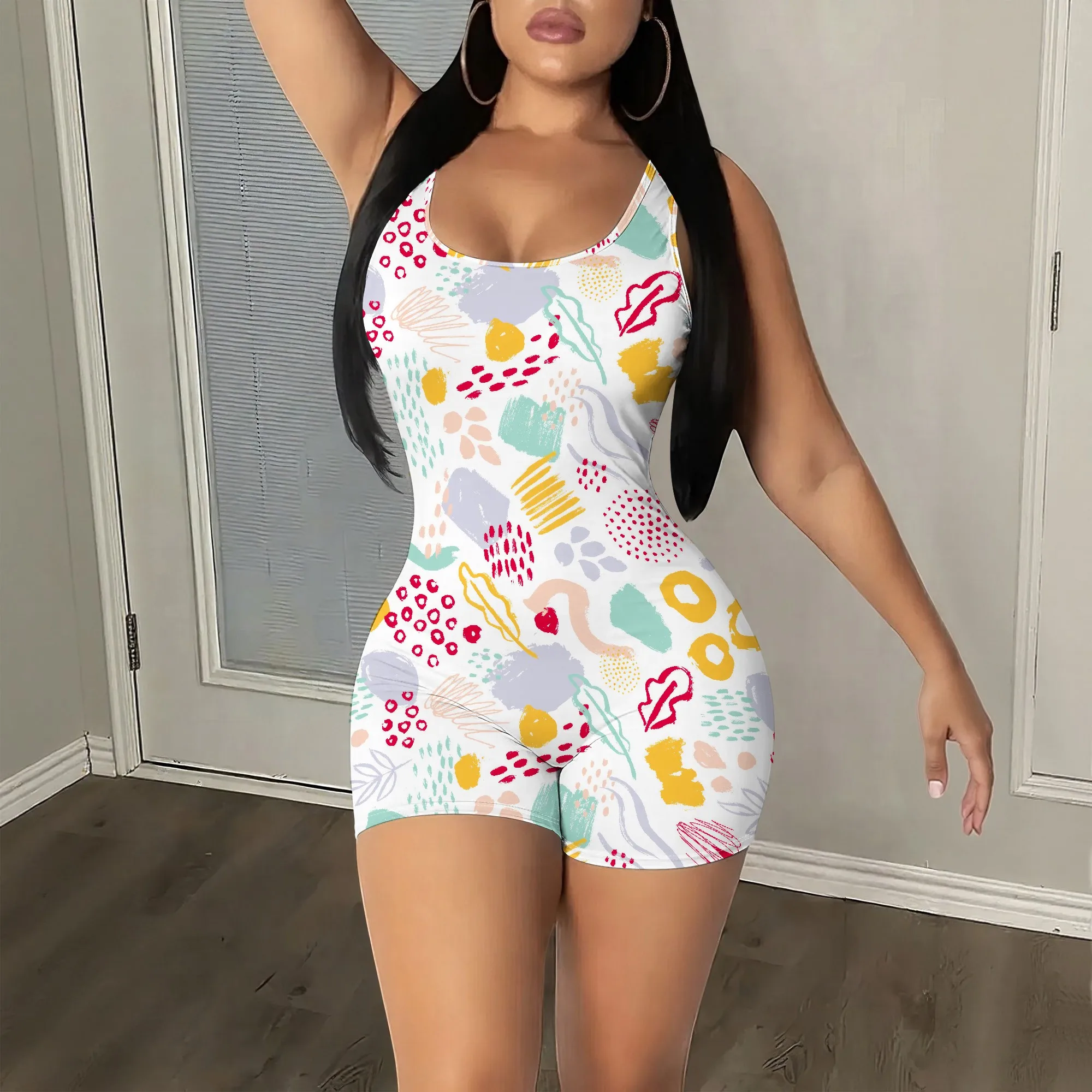 

Abstract Print Sleeveless Romper, Artistic Pattern Bodysuit, Casual Summer Playsuit, Trendy Beach Outfit, Women's Fashion S-2XL