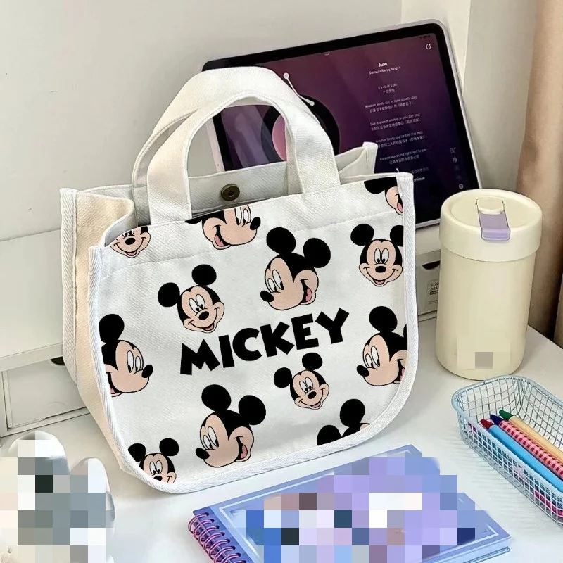 Disney-Bolsa quadrada pequena para estudantes, bolsa portátil para almoço e almoço, desenho animado criativo, bonito coração feminino impresso, mickey, funcionário de escritório