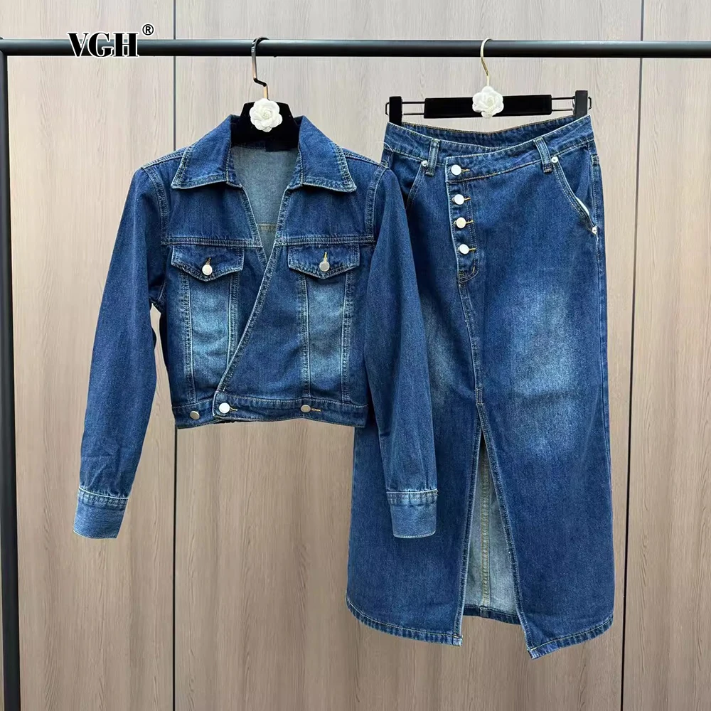 

VGH French Retro Two Piece Sets For Women Lapel Long Sleeve Patchwork Metal Buckle High Waist Split Skirt Desnim Outfits Female