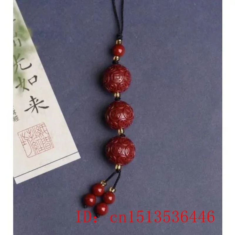 Customized Cinnabar Money beads Key Chain Organic Jewellery Carved Fashion Chinese Natural Gifts Amulet Bag Buckle Pendant Red