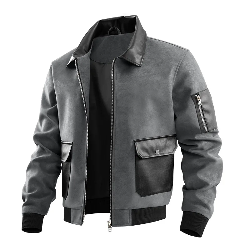 New Vintage Pilot Suede Jacket with Faux Leather Patch Lapel Full Zip Multi Pocket Long Sleeve Windproof Casual Mens Outer Coat