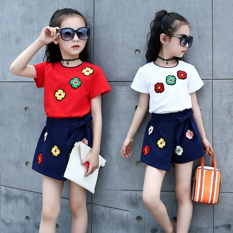 Summer Girls Set Embroidered Cotton Shorts T-shirt Girl Two Piece Suit Fashion Flower Skirt 2 To 4 5 6 7 8 9 10 11 12 Years Old