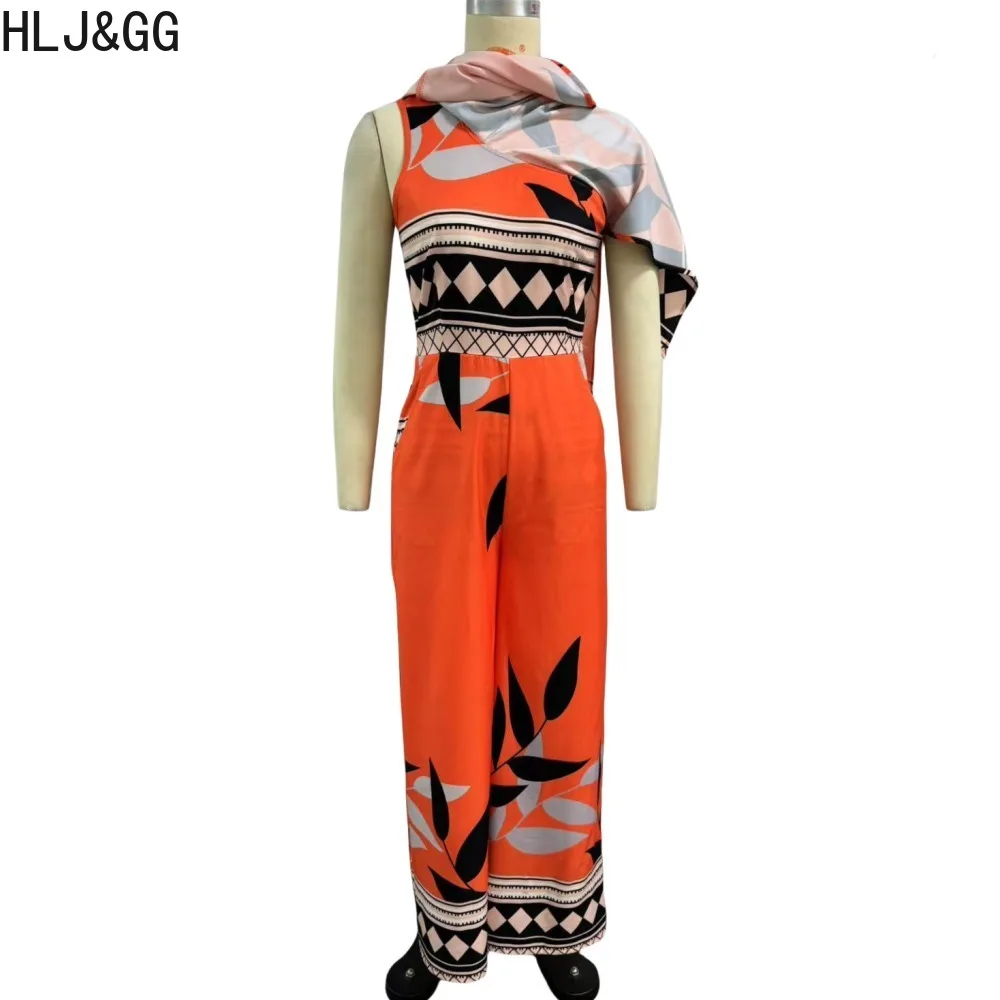 HLJ&GG Orange Vintage Pattern Printing One Pieces Jumpsuits Women Irregular Loose Wide Leg Pants Playsuits Elegant Lady Clothing