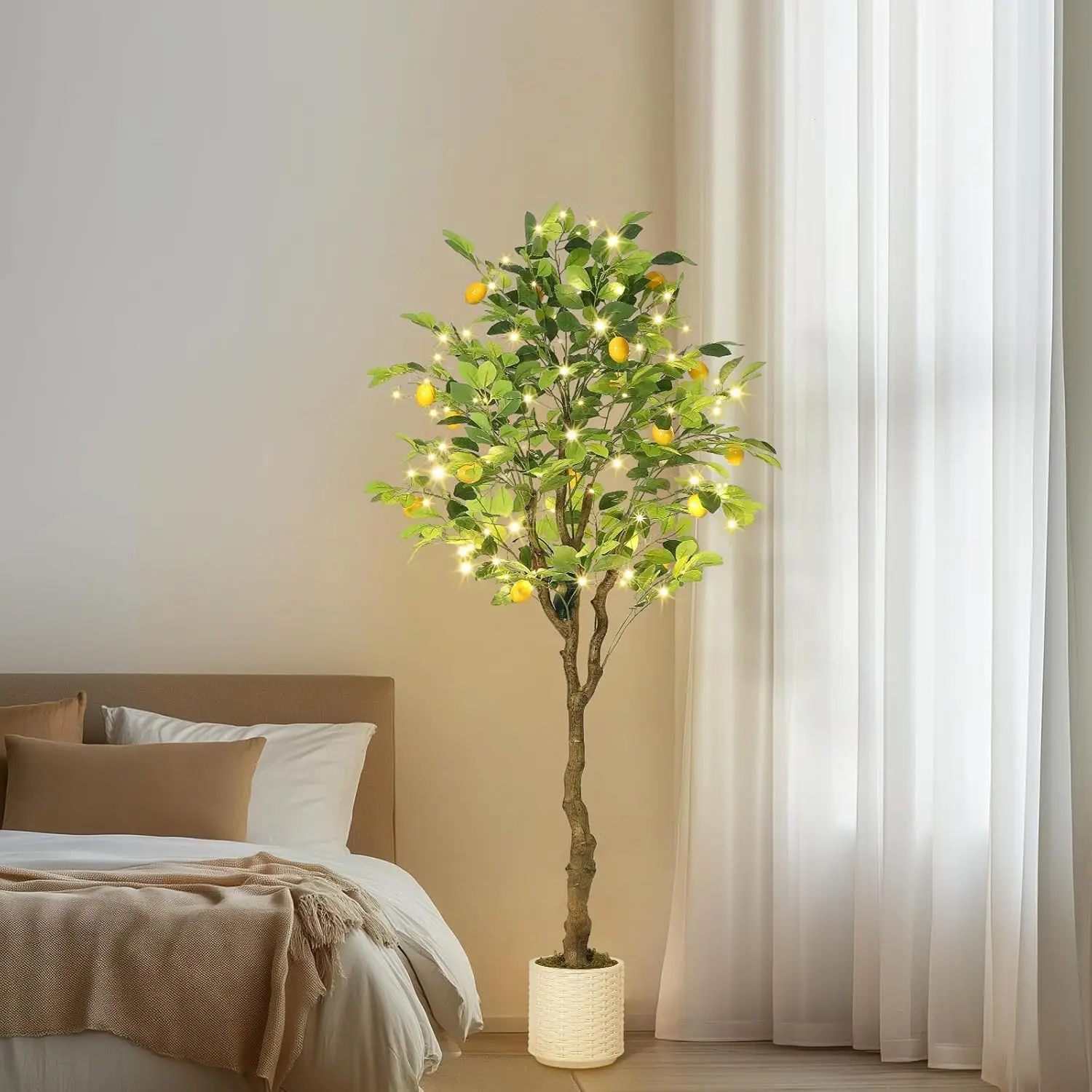 Citronnier artificiel de 150 cm, plante de citron artificielle avec guirlandes lumineuses LED, faux citronnier avec tronc et fruits réalistes pour la maison