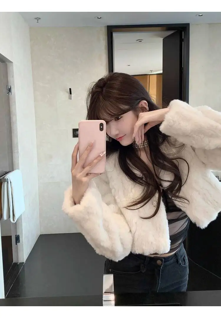 Chic V Neck Cropped Faux Rabbit Fur Jacket Women Elegant Single Button Plush Coats Woman Autumn Winter Fluffy Fleece Outerwear